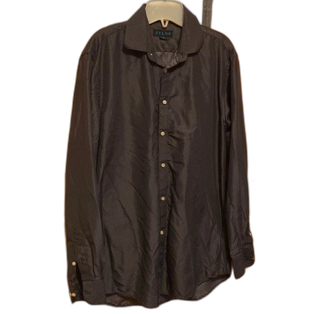 Zylos Mens Funky Print Grey Button Down Dress Shirt Medium 15-15 1/2